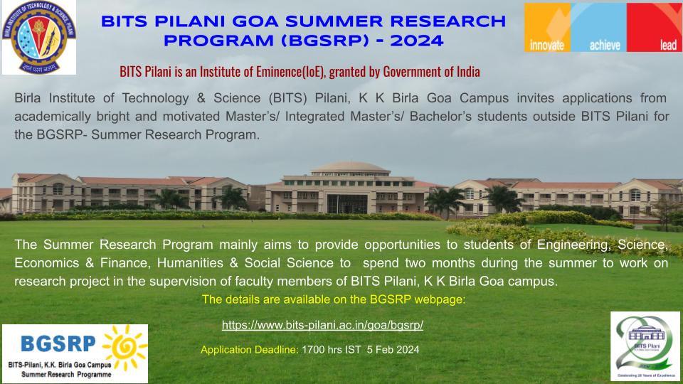 BITS Goa Summer Research Program(BGSRP)2024 BITS Pilani