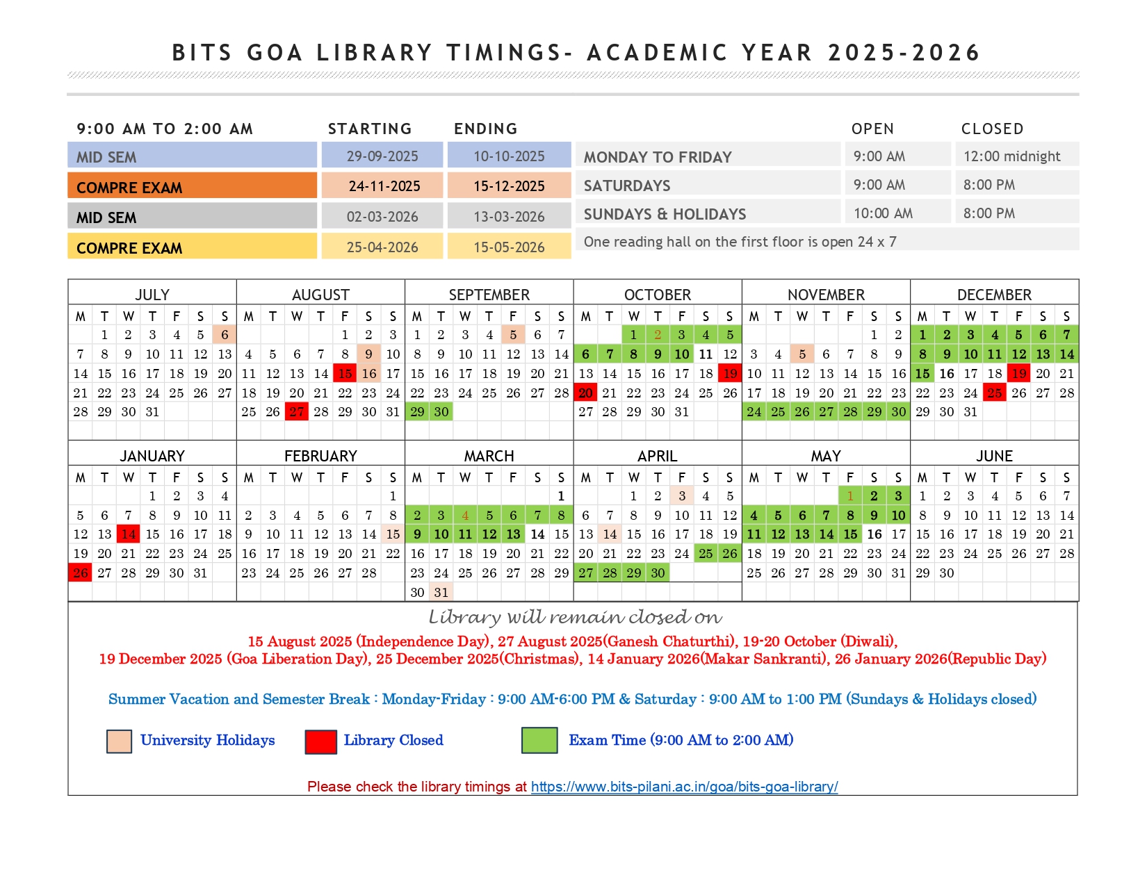 BITS Goa Library Calendar AY 2025-2026