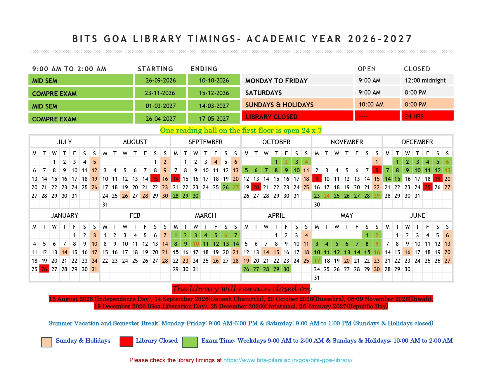 BITS Goa Library Calendar AY 2026-2027