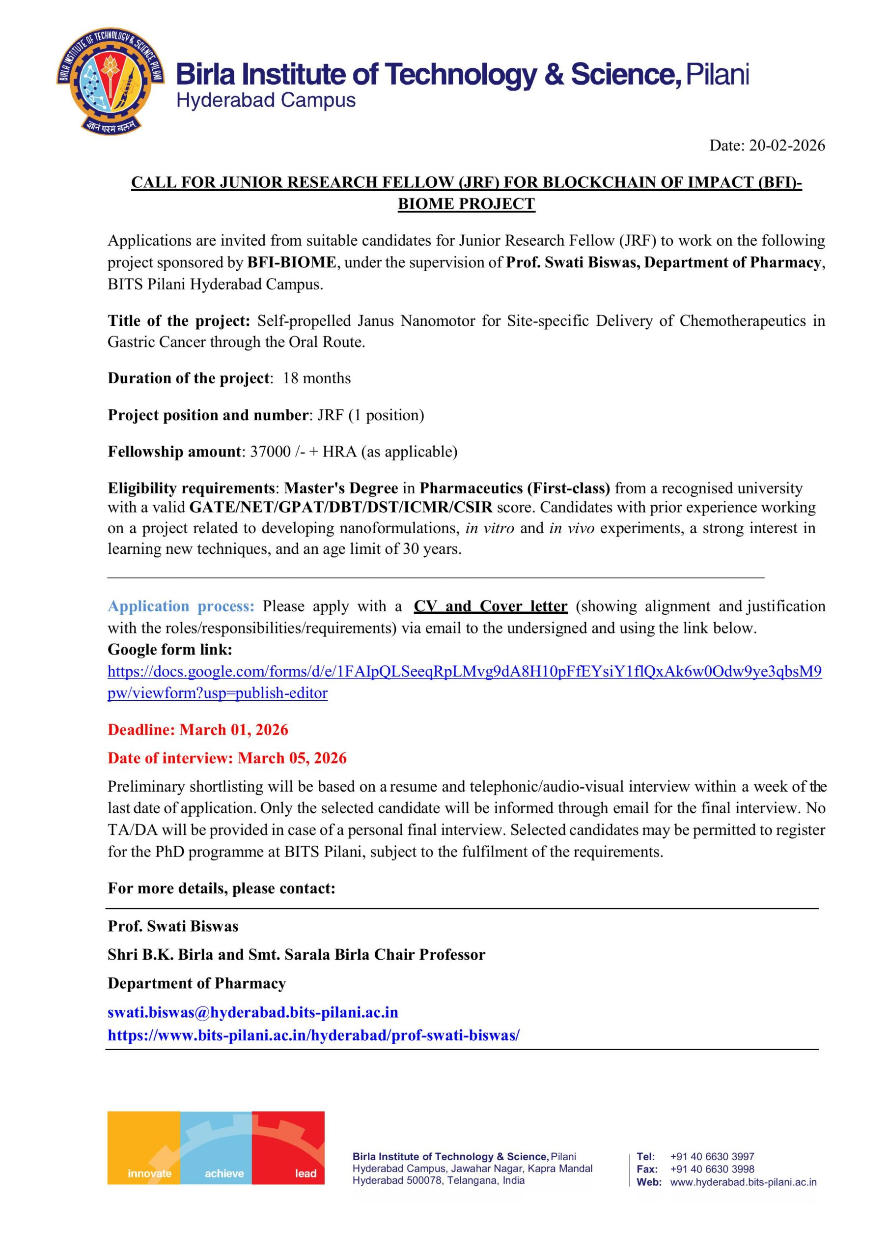 Inviting Applications for hiring Junior Research Fellow under BFI project