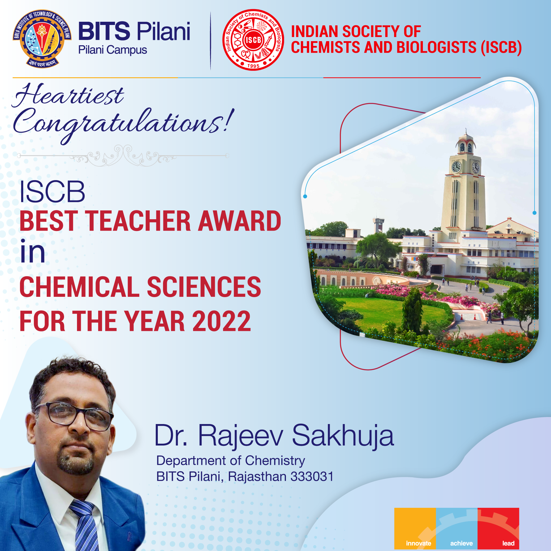 ISCB Best Teacher Award in Chemical Sciences For The Year 2022