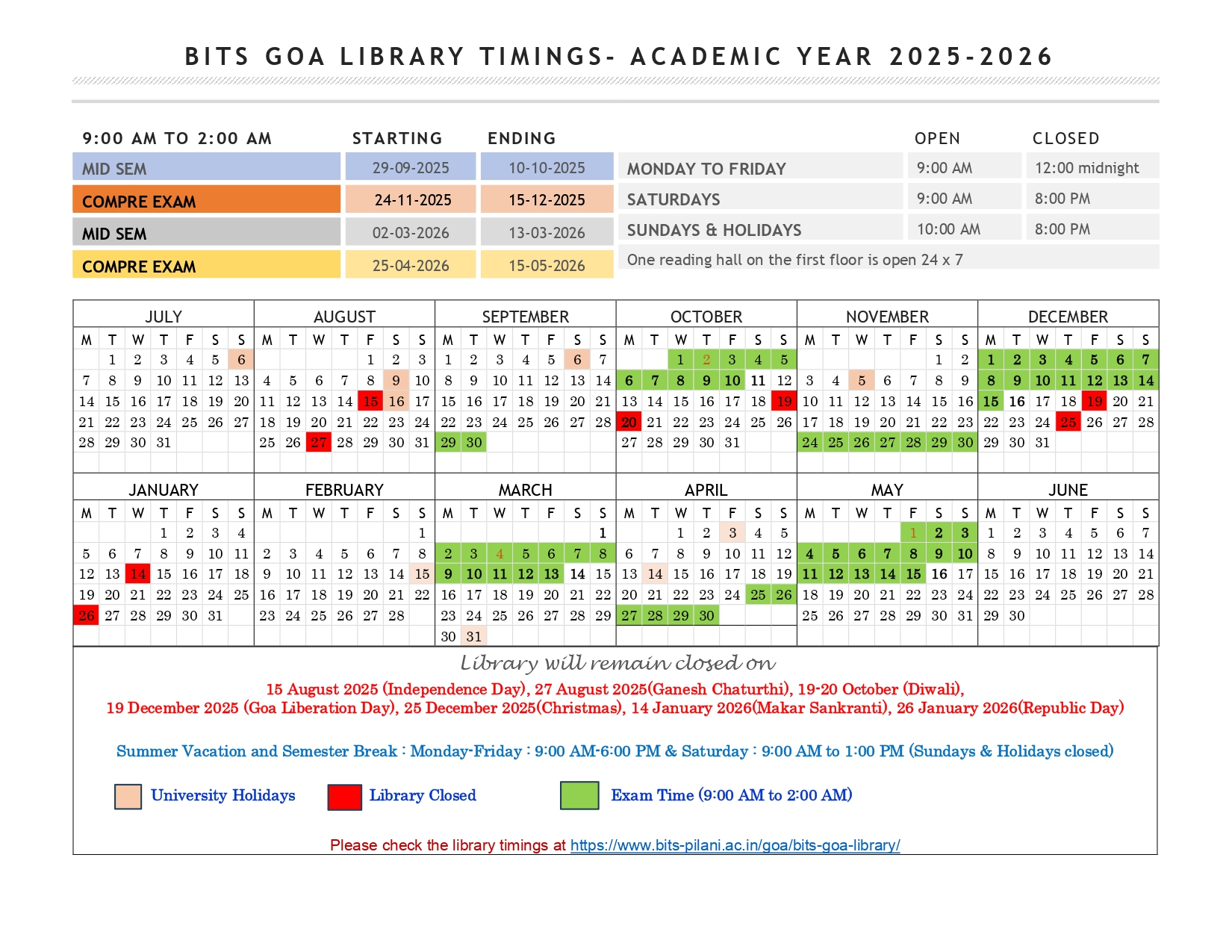 BITS Goa Library Calendra AY 2025-2026
